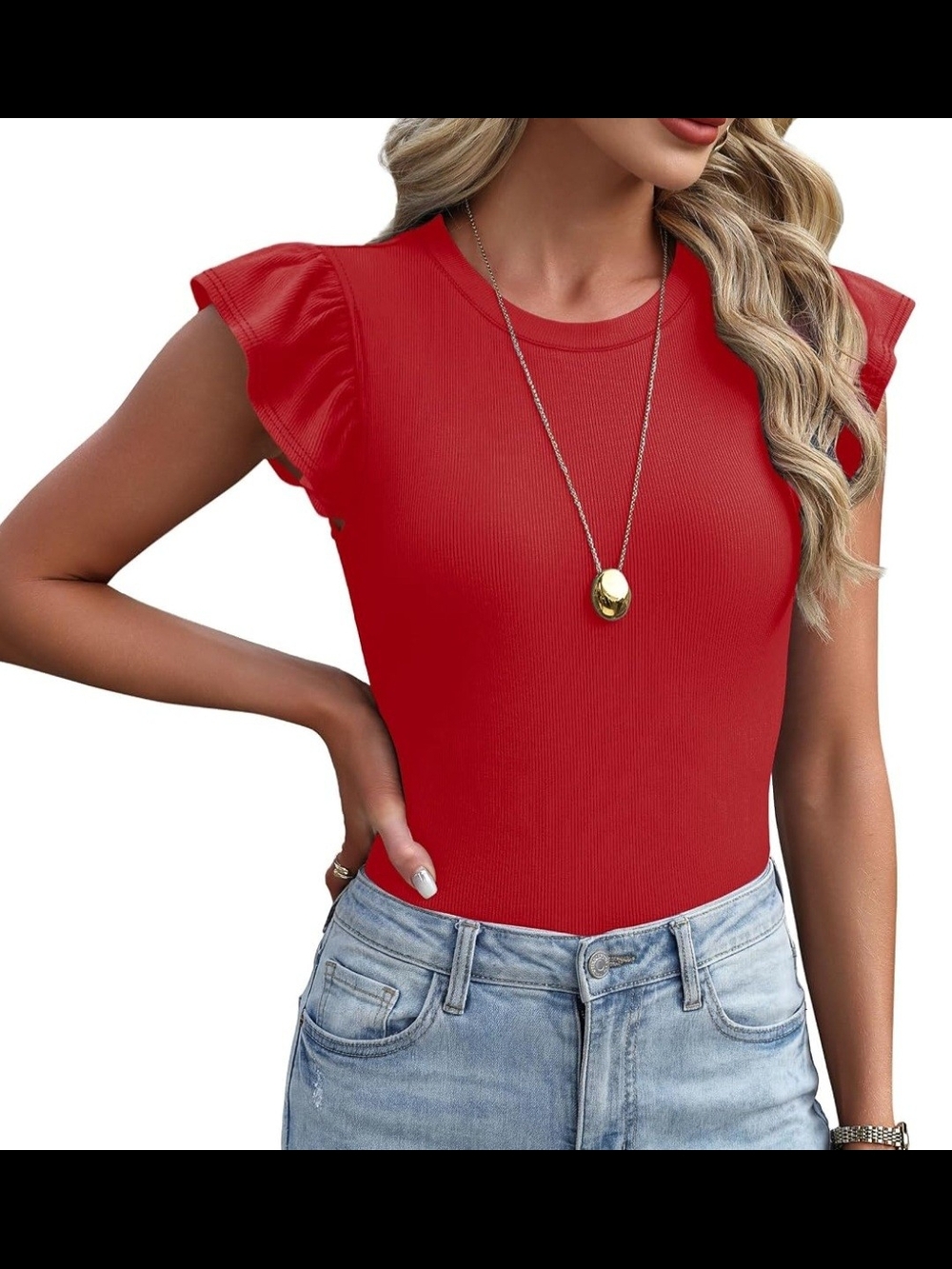 Red Ruffle Sleeve Ribbed Crewneck Top - Picture 3 of 3